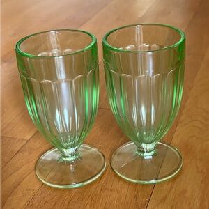 Set of 2 Green Depression Glass Milkshake Soda Glass Cup 6” Goblet